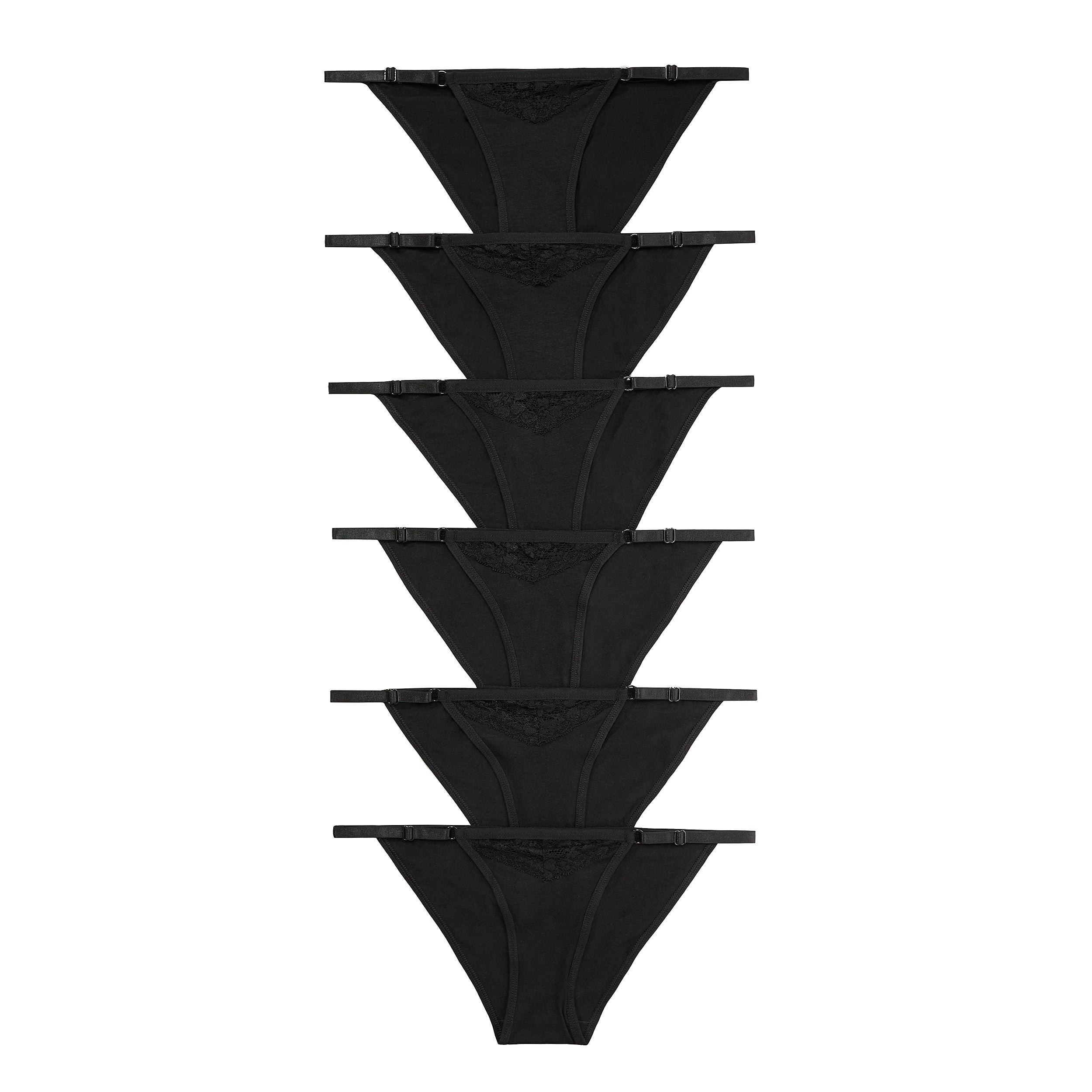 Nabtos Women’s Cotton Panties Plain Black Set Floral Lace Adjustable Strap String Bikini Underwear Low Rise Hi Cut Cheeky Panties pack 6