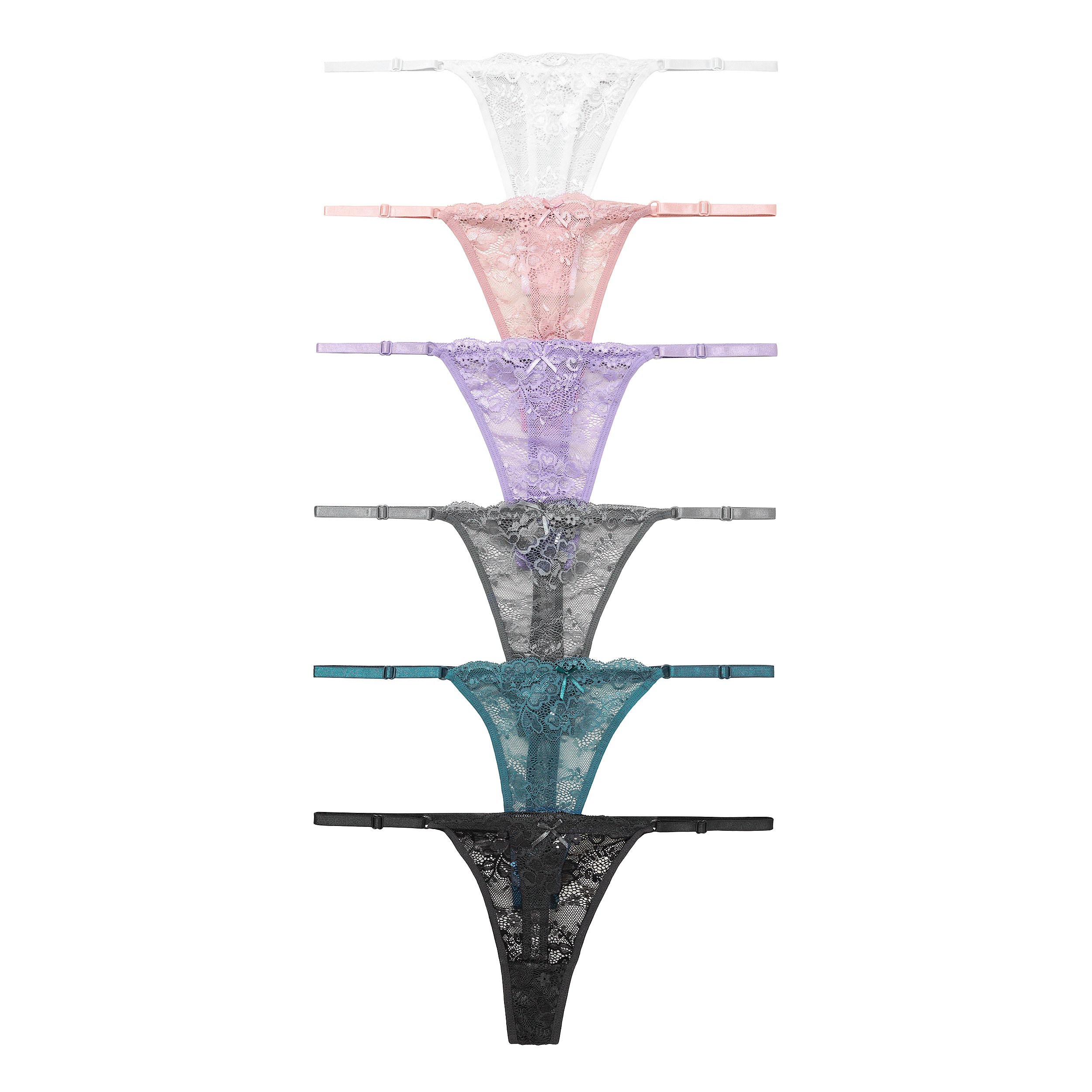A collection of women's lace thongs in various colors, featuring a floral pattern and adjustable straps.